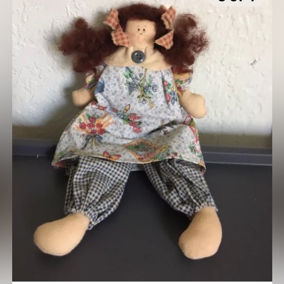 primitive Handmade Country Girl 10” Rag Doll With A Flowers & Seed Dress - Picture 1 of 4